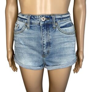 KanCan Blue Denim Roll Up Frayed Mini Short Jean Shorts w/ Pockets